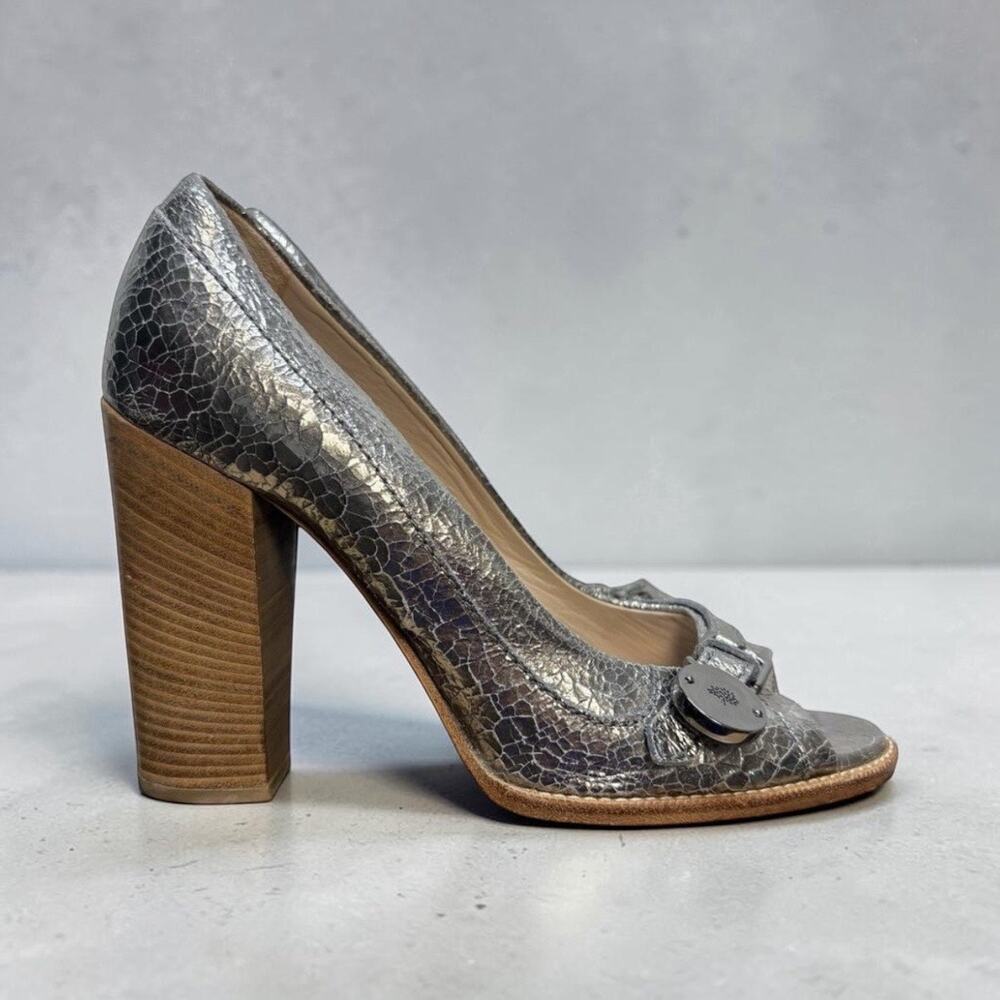 Mulberry Bayswater Silver Cracked Leather Peep Toe Pumps Block Heels Size 38.5